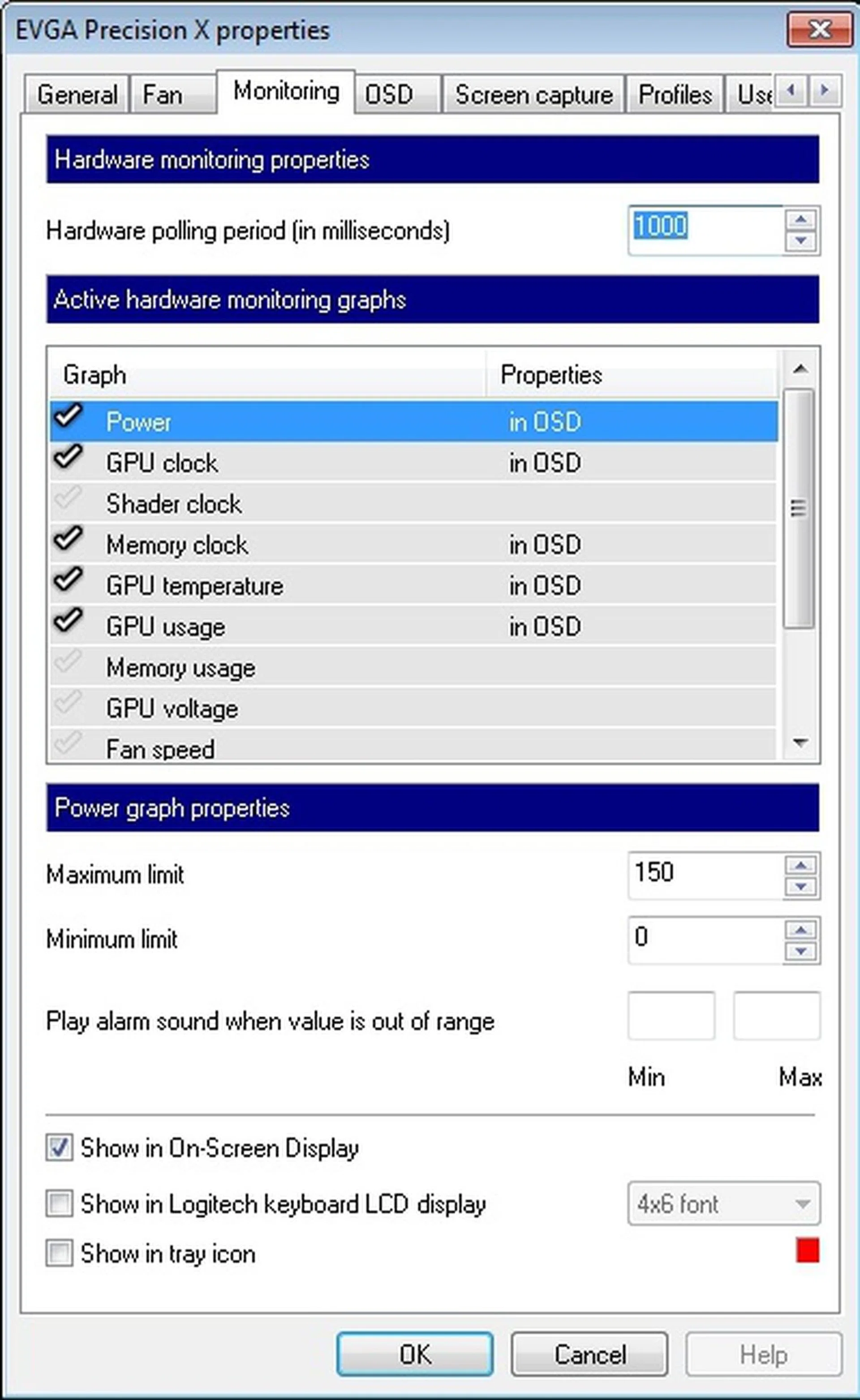 The Monitoring tab allows the user to select which aspect of the card to monitor. It also allows the user to set the upper and lower bounds of the y-axis of the graphs displayed.