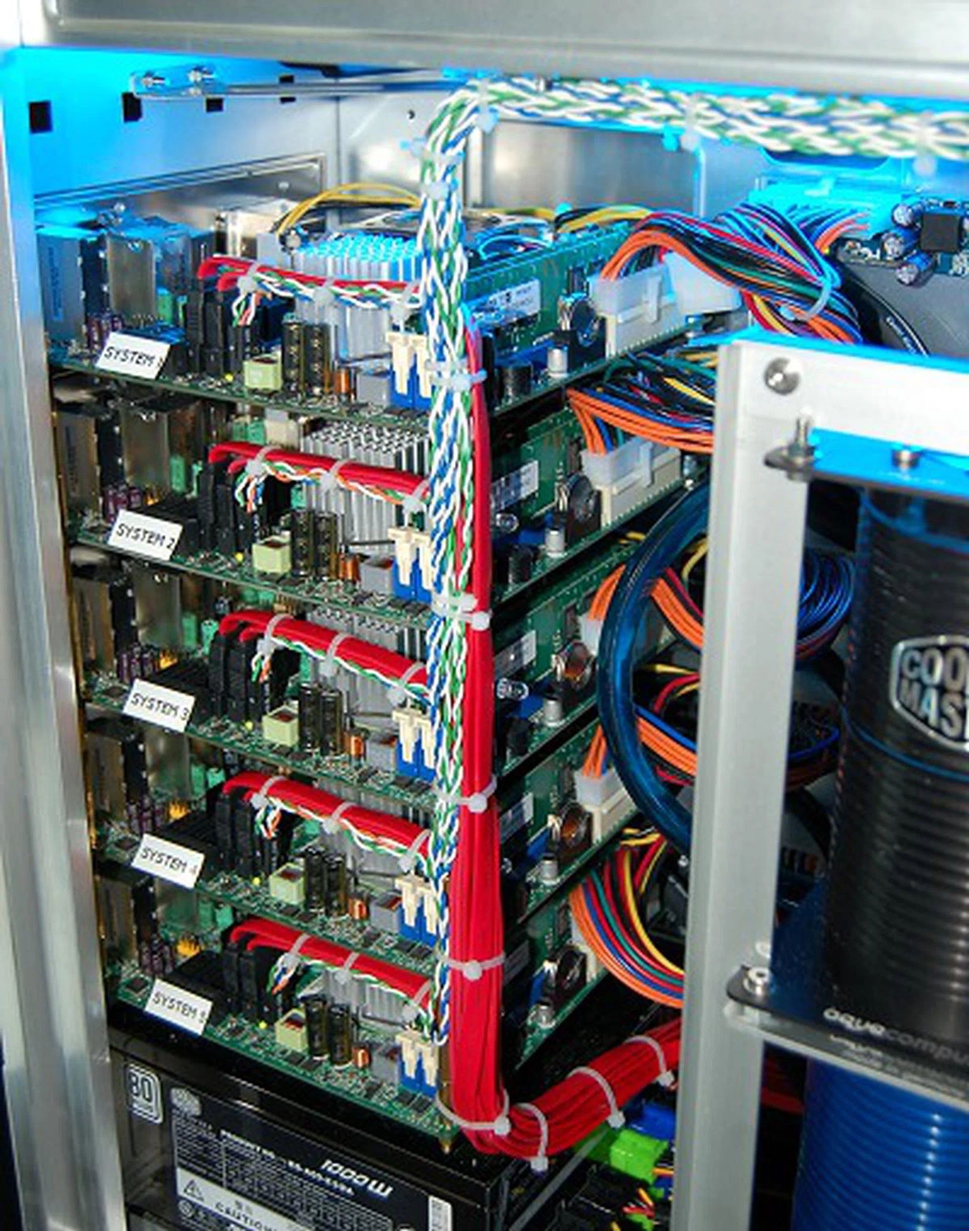  Cooler Master managed to stack five systems each equipped with a Core 2 Quad 9400 processor. Now each of those run at 2.66GHz and with four cores for each of the five processors, that adds up to 53GHz. Anyway, besides the catchy name, the real deal here is that a single 1KW PSU of theirs is powering these five systems. We got to admit that they've managed to keep the system extremely tidy despite cramming five times more cables than normal. Amazing cable routing indeed and homage to the humble ATCS-840 that can handle it all.  