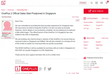 OnePlus 2's delay and postponing of sales date to 25 September this year was announced via their own forums.