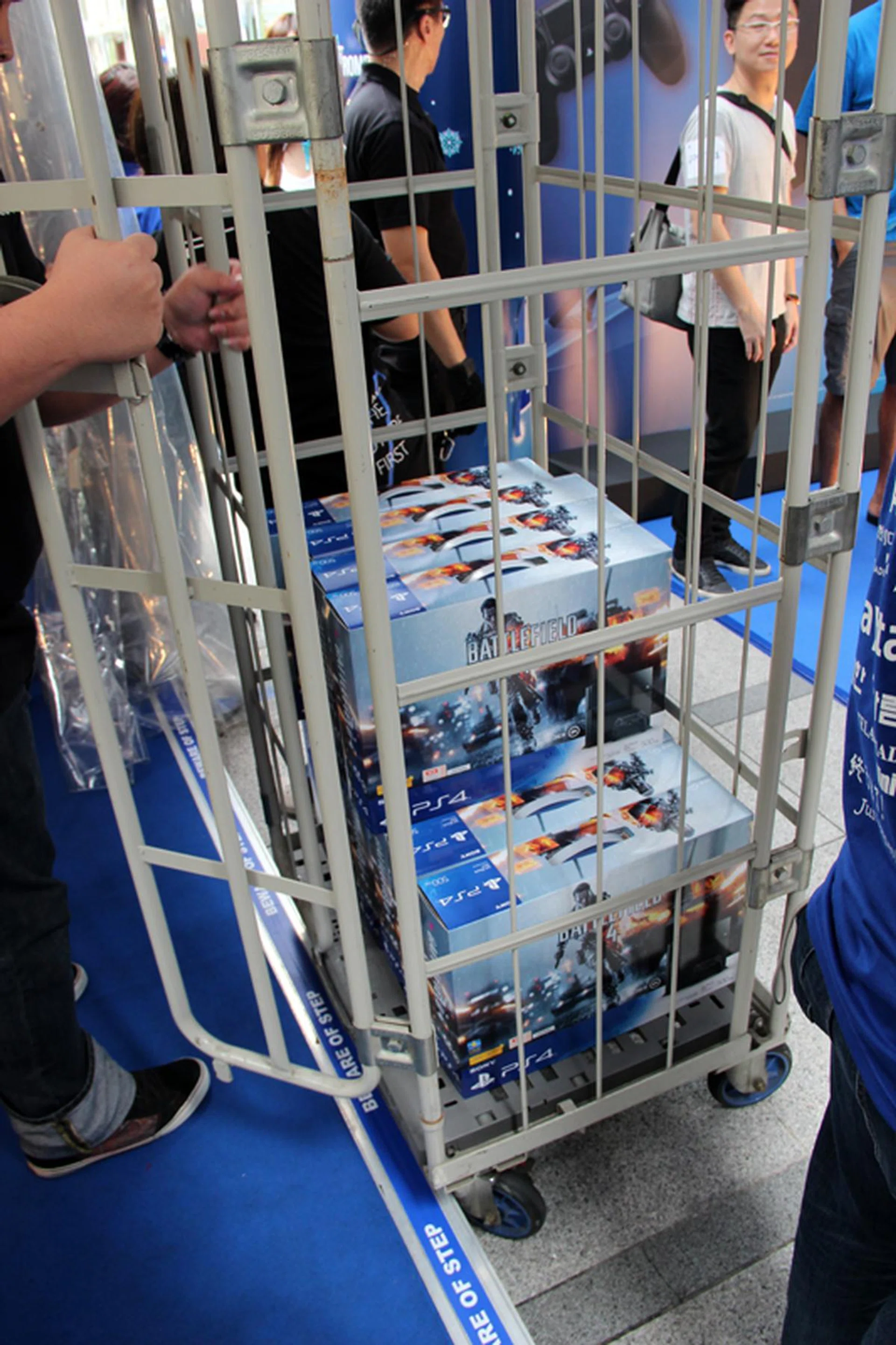 A shipment of Battlefield 4 bundle PS4s arriving in their cage.