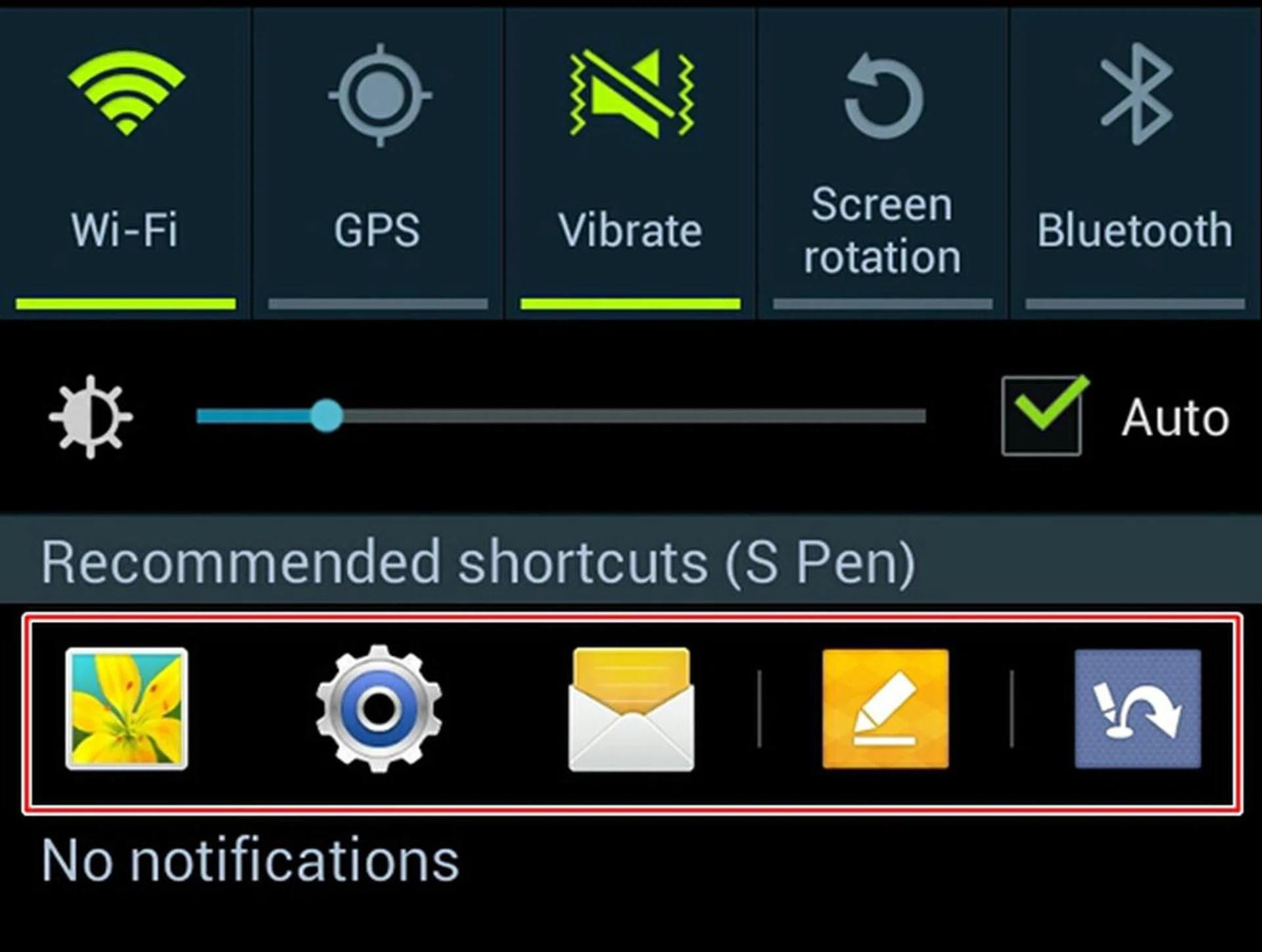 Swiping down the notification panel will reveal a row of recommended shortcuts for the S Pen.
