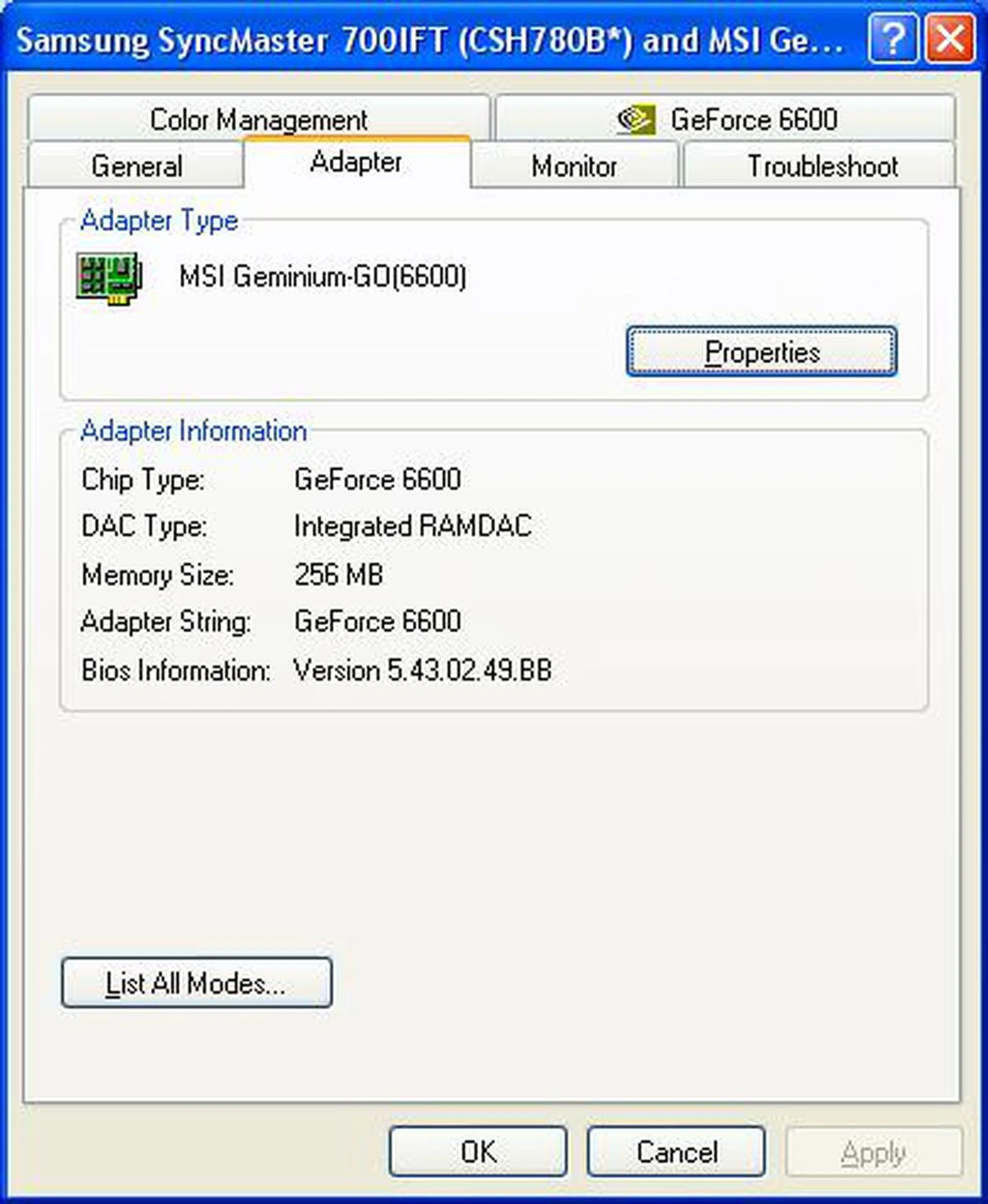 The display properties acknowledging the card and its basic configuration.
