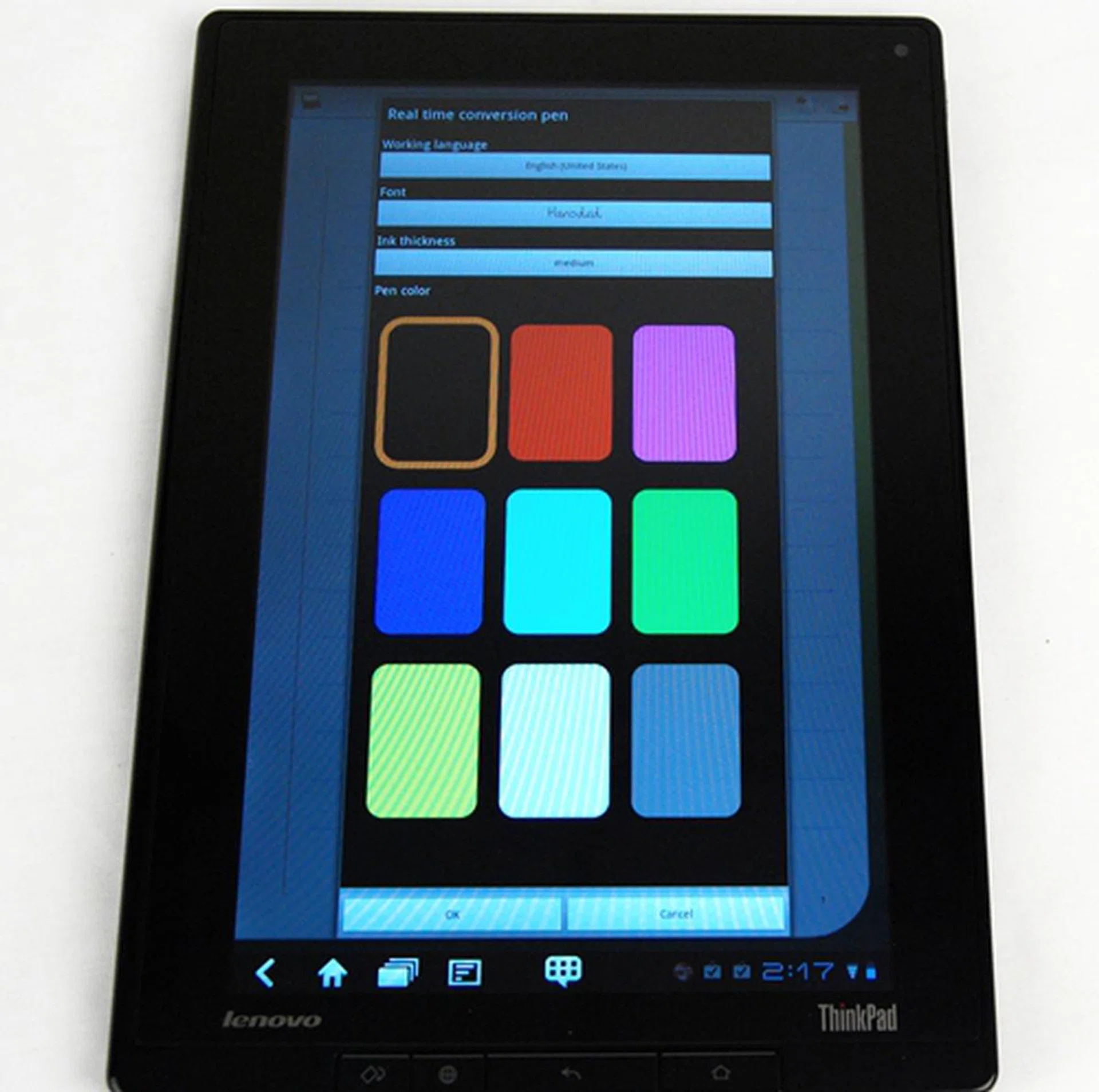 You have the option to change the language, font, ink thickness and pen color.