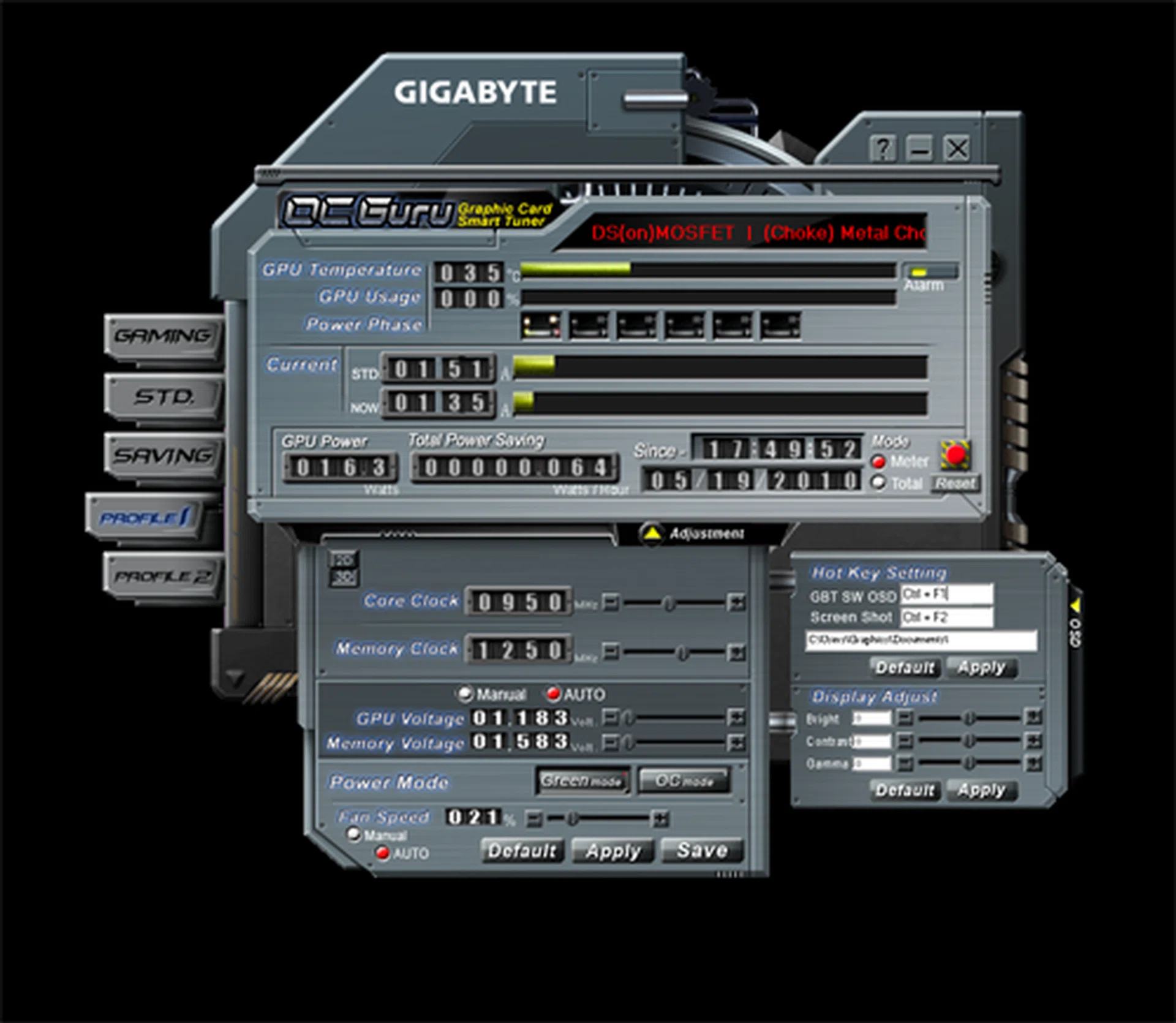 Gigabyte's OC Guro overclocking utility has a rather complicated user interface, but once you get the hang of it, you'll find that there's many aspects of the card that you can tweak.