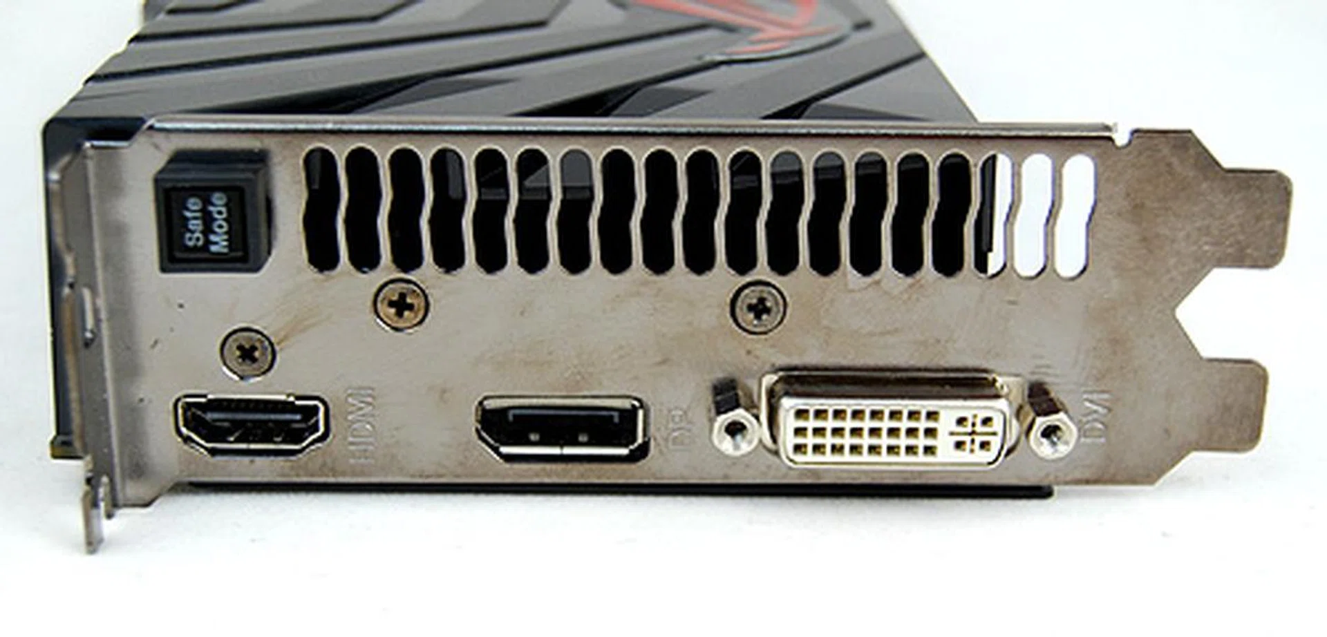 The ASUS card makes do with one DVI, HDMI and DisplayPort. Note the "Safe Mode" button at the top left hand corner. It allows users to restore the card to its default settings should an overclocking attempt go awry.