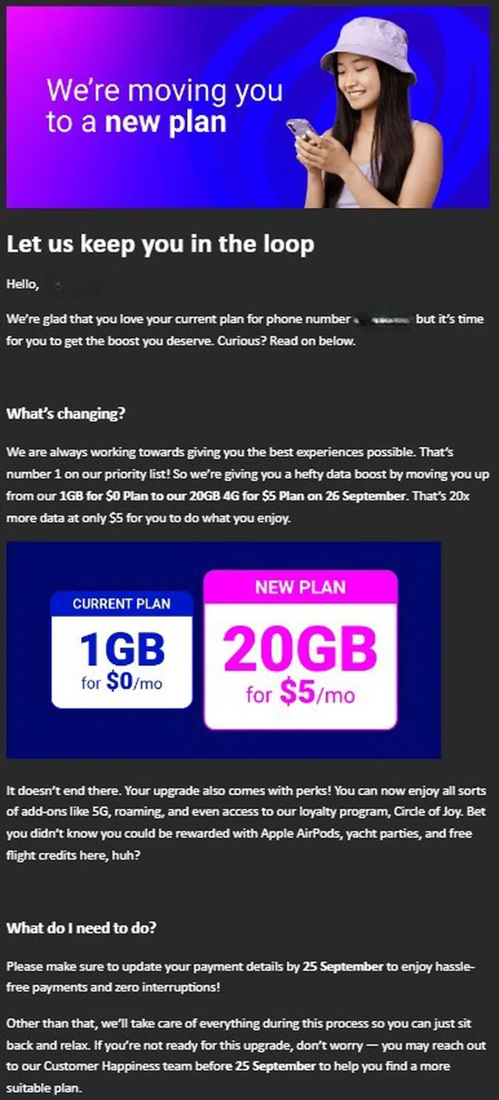 Screenshot of the automatic upgrade notice for S$0/month Flexi plan. Source: HWZ Forums (froztheart).