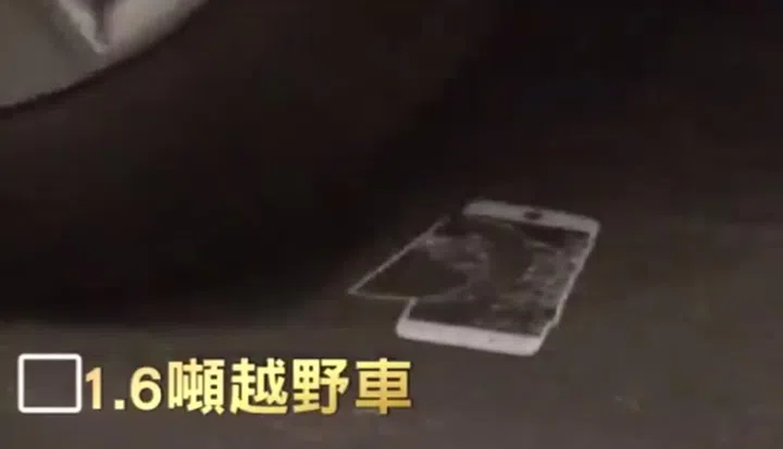 Almost anything will break, crack or shatter if you run it over with a vehicle. The rumored sapphire display of the Apple iPhone 6 is no exception.  <br> Image source: Steve Hemmerstoffer's YouTube