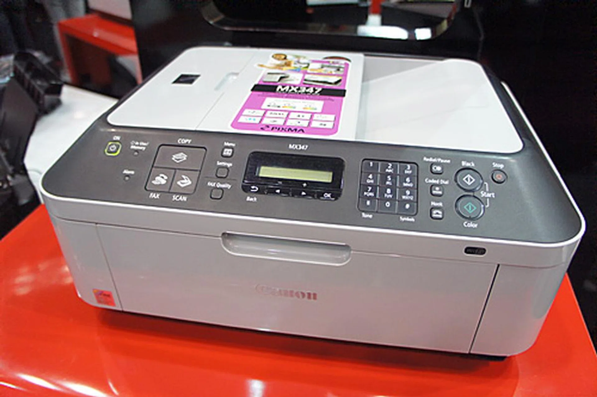 The PIXMA MX347 all-in-one (print/scan/copy) supports faxing using the ADF, and has print speeds of 8.4ipm (black), and 4.8ipm (color). It's going for $199 (usual price is $259). Freebies include a Targus backpack, a trolley, and free product training.