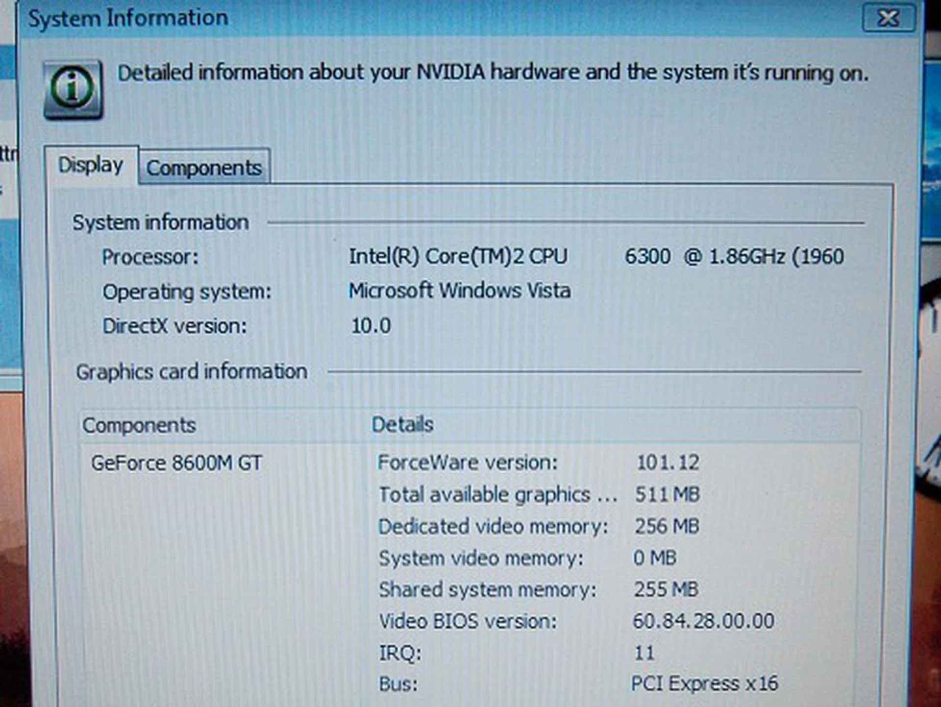 As shown in the system information, it's using a Core 2 Duo 6300 processor (may not be the final spec) and is using the fastest available GeForce 8600M GT mobile GPU with 256MB local frame buffer. With TurboCache, the GPU's total frame buffer size climbs to 512MB.