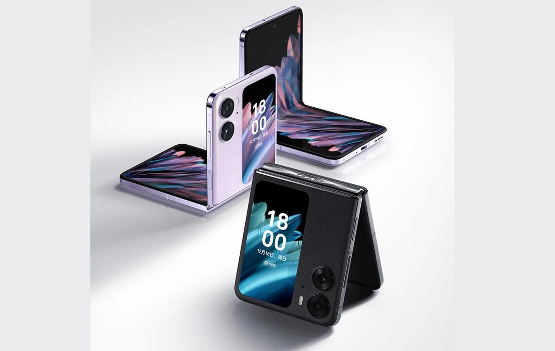 Oppo Find N2 Flip in Astral Black and Moonlight Purple.
