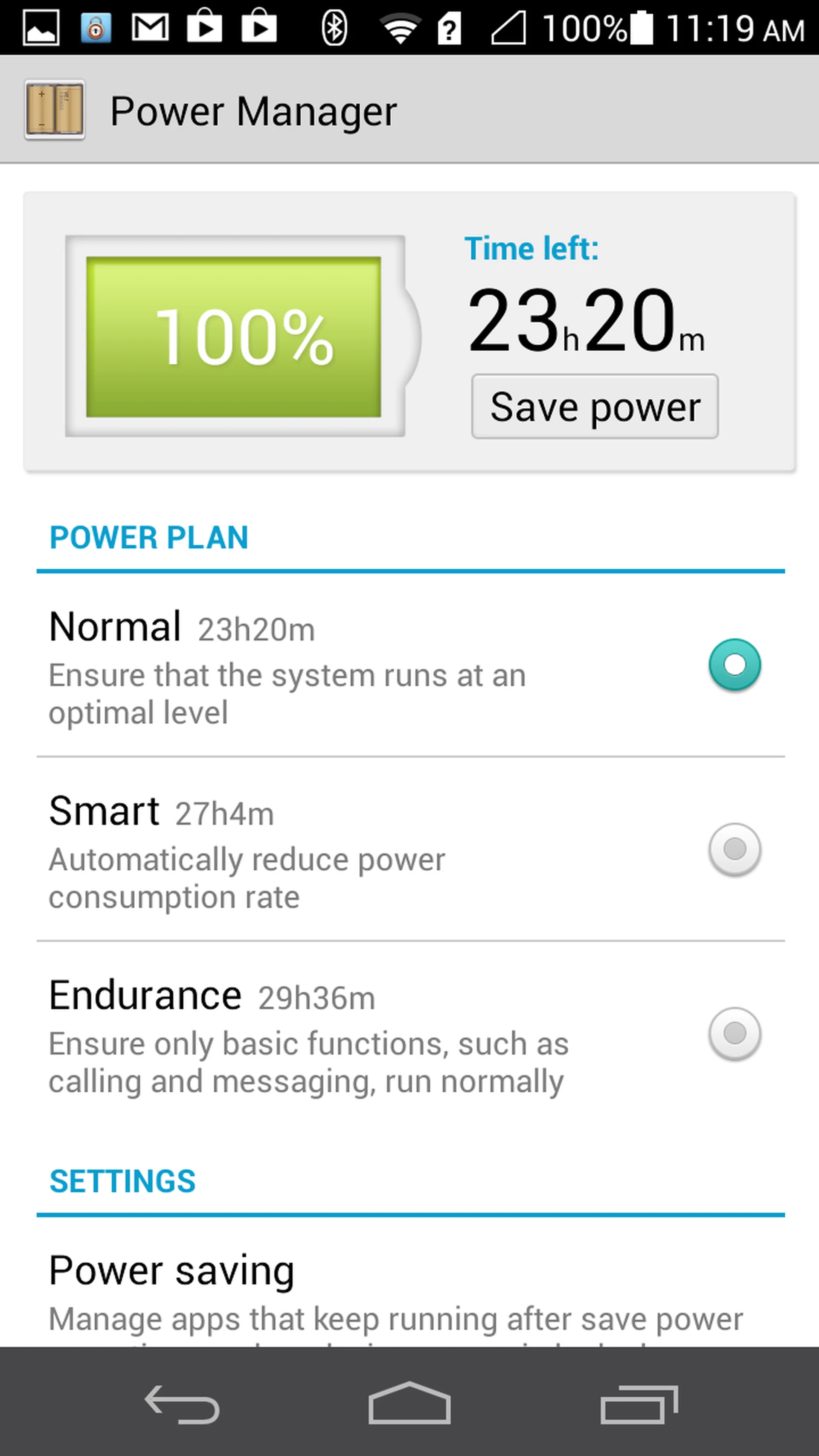 The power manager now tells you the estimated remaining battery life in each setting.