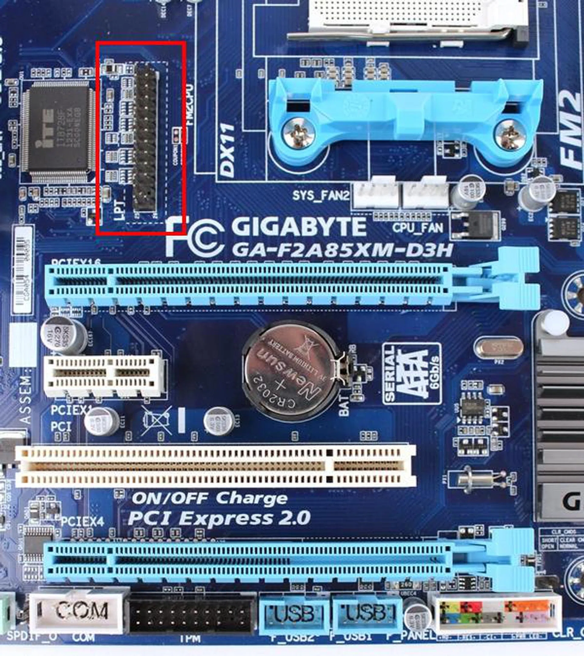 There is a  LPT (Parallel Port) header located above the first PEG slot of the board. If a LPT port cable is installed there, the board is capable of provide a single parallel port. However, it is rare to find a device that supports such a port these days and we wonder why Gigabyte accommodated it even though the chipset driving the legacy devices supports it.