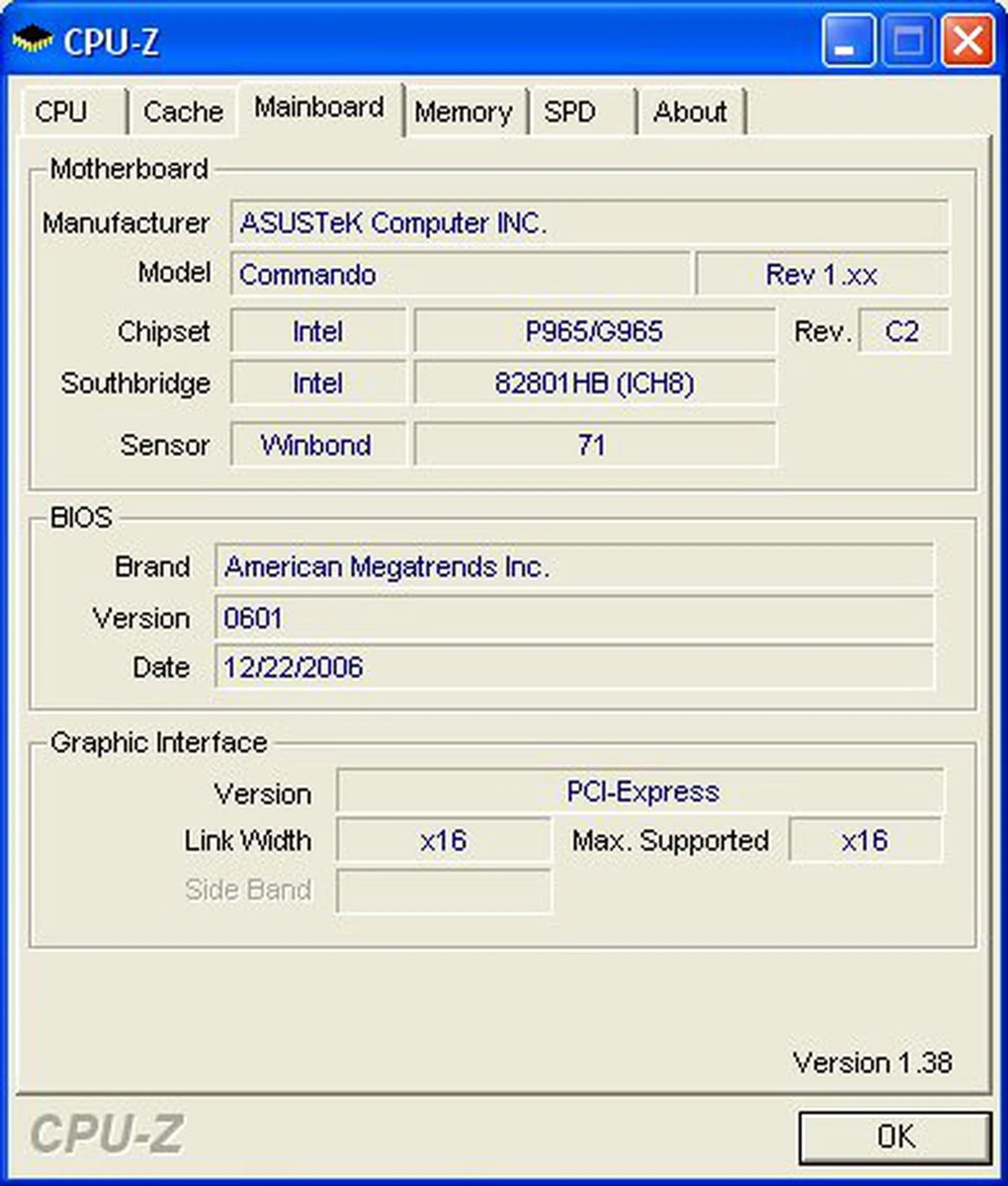 CPU-Z screenshot of the Commando chipset and BIOS. Note that the Intel P965 Northbridge stepping on this board is C2.