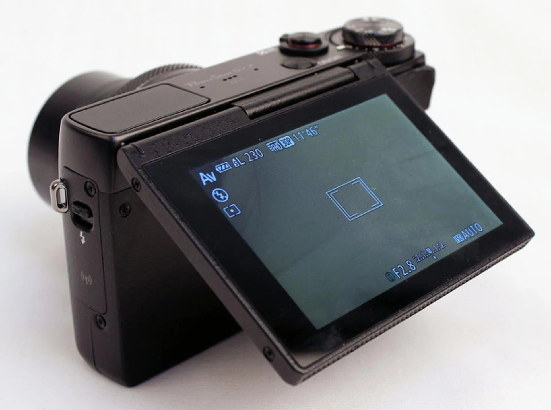 The display can be flipped up, but unfortunately cannot be tilted down for high-angled shots.