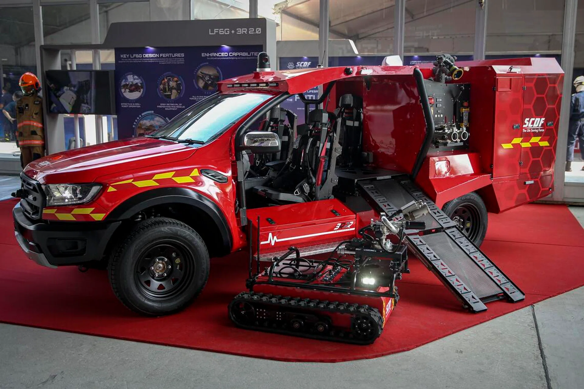 The 6th Generation Light Fire Attack Vehicle (LF6G), also known as the 'Red Rhino' and the 2nd Generation Red Rhino Robot, at the Civil Defence Academy on 8 June 2022.