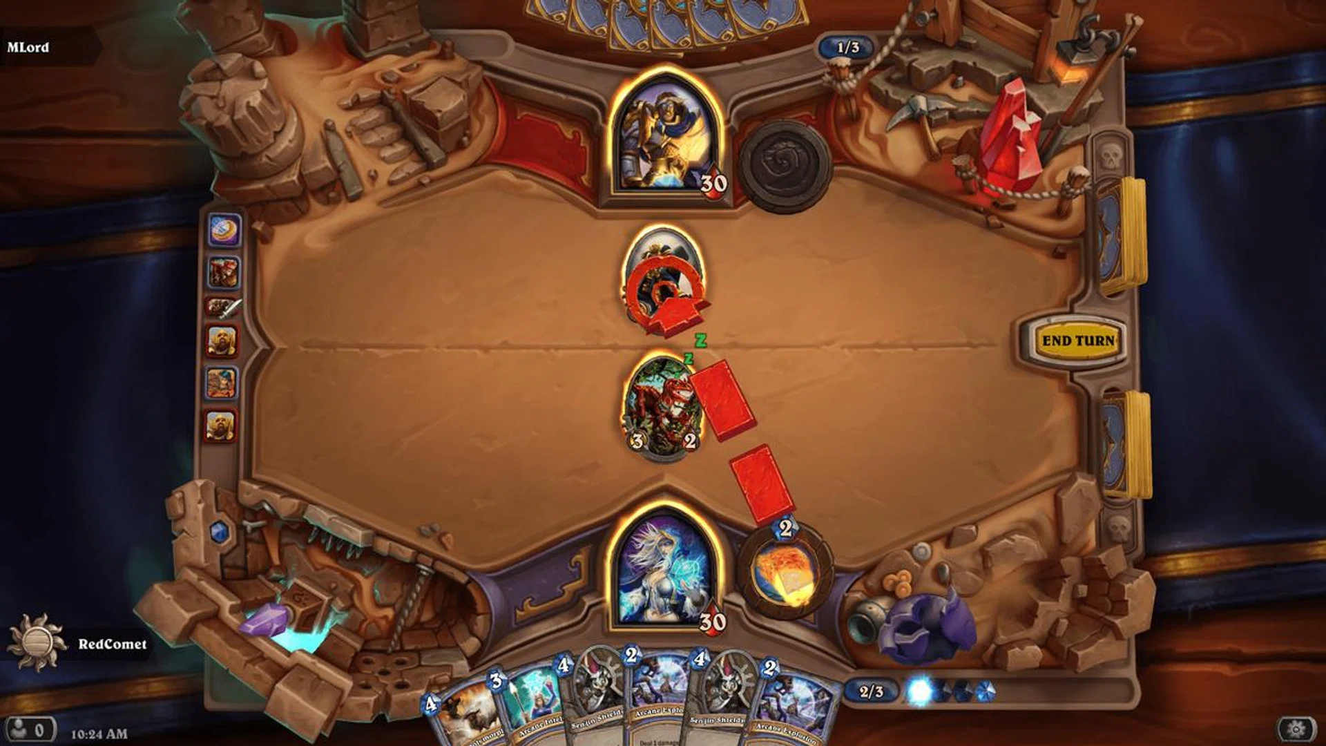 In Hearthstone: An unranked battle with broken pots on the side and firebolts to hapless minions.