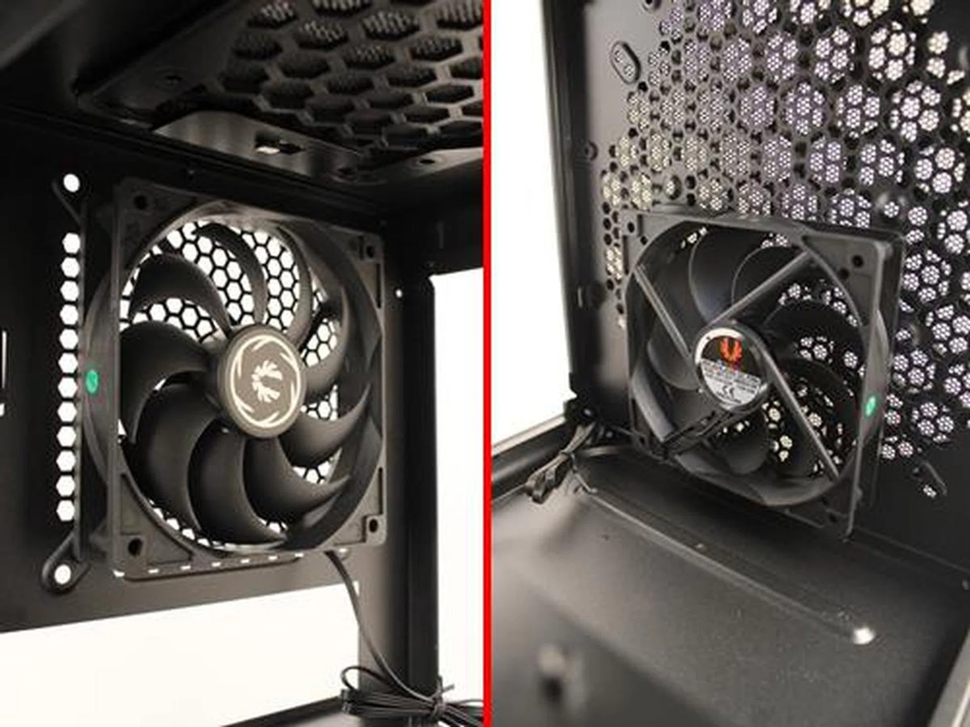 The rear 120mm cooling fan has a simple silver BitFenix insignia in its center; while its front counterpart can only be seen clearly after the removal of both 3.5-inch HDD cages.