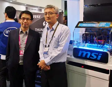 Mr Green Lin, Marketing Manager for Notebook Marketing Channel (left) and Mr Tim Lee, Sales Director, APAC Sales Dept., Sales Channel (right) at the MSI booth during Computex 2012.