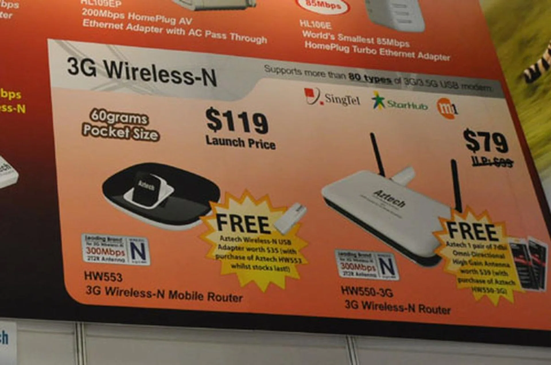 Aztech's featuring a launch price of $119 for this HW553 3G Wireless-N router. Only 60g, and they're giving away a free WL552USB wireless-N adapter with every purchase while stocks last.