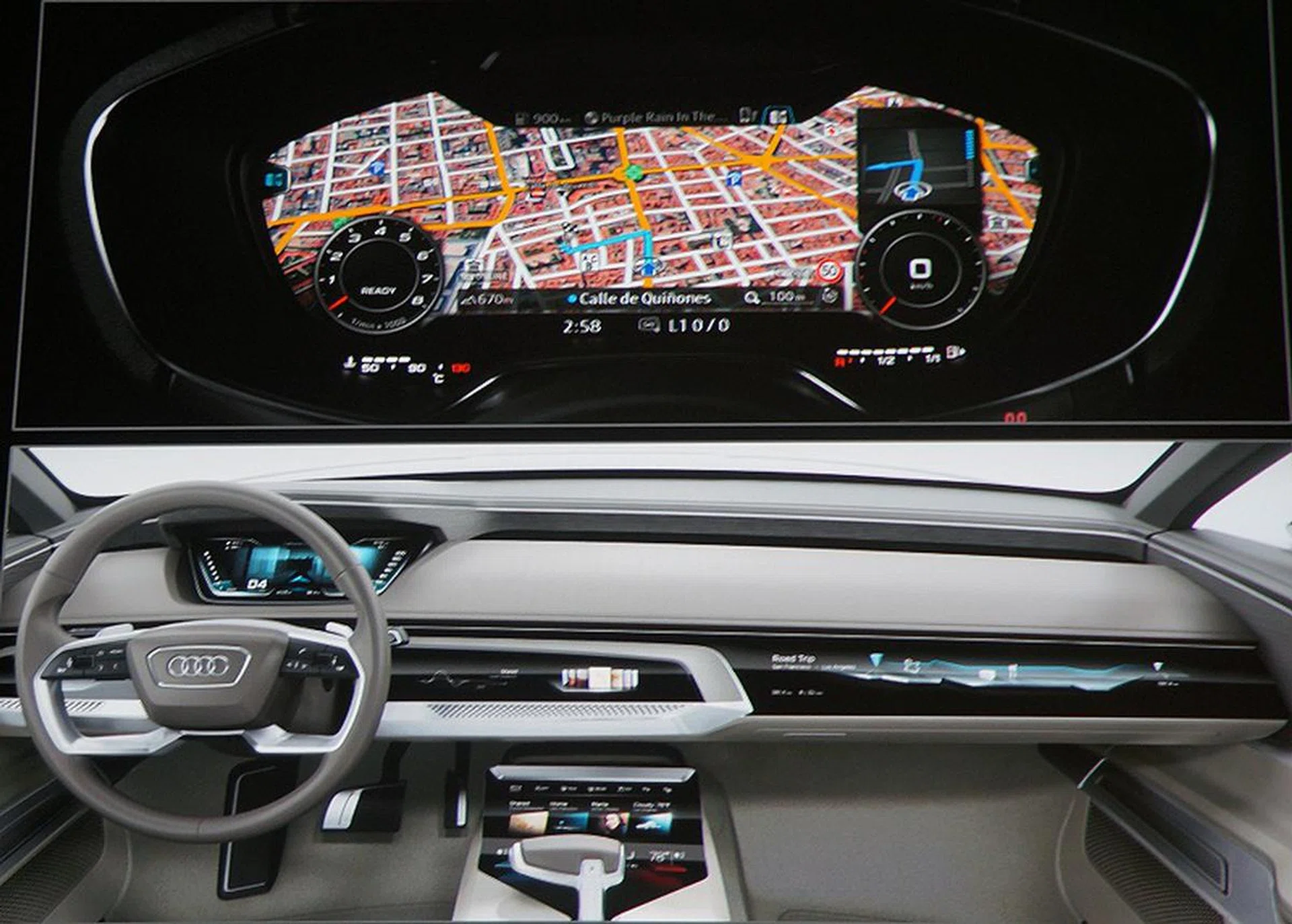 Audi's rendition of the in-car dashboard and console of the future. As you might notice, it's full of displays and they require a capable processor to power them without draining too much power. Tegra's X1 and future variations are probably right for that task.