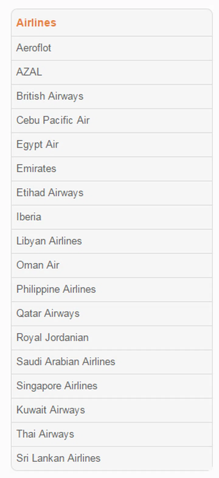 List of airlines that are under the service.