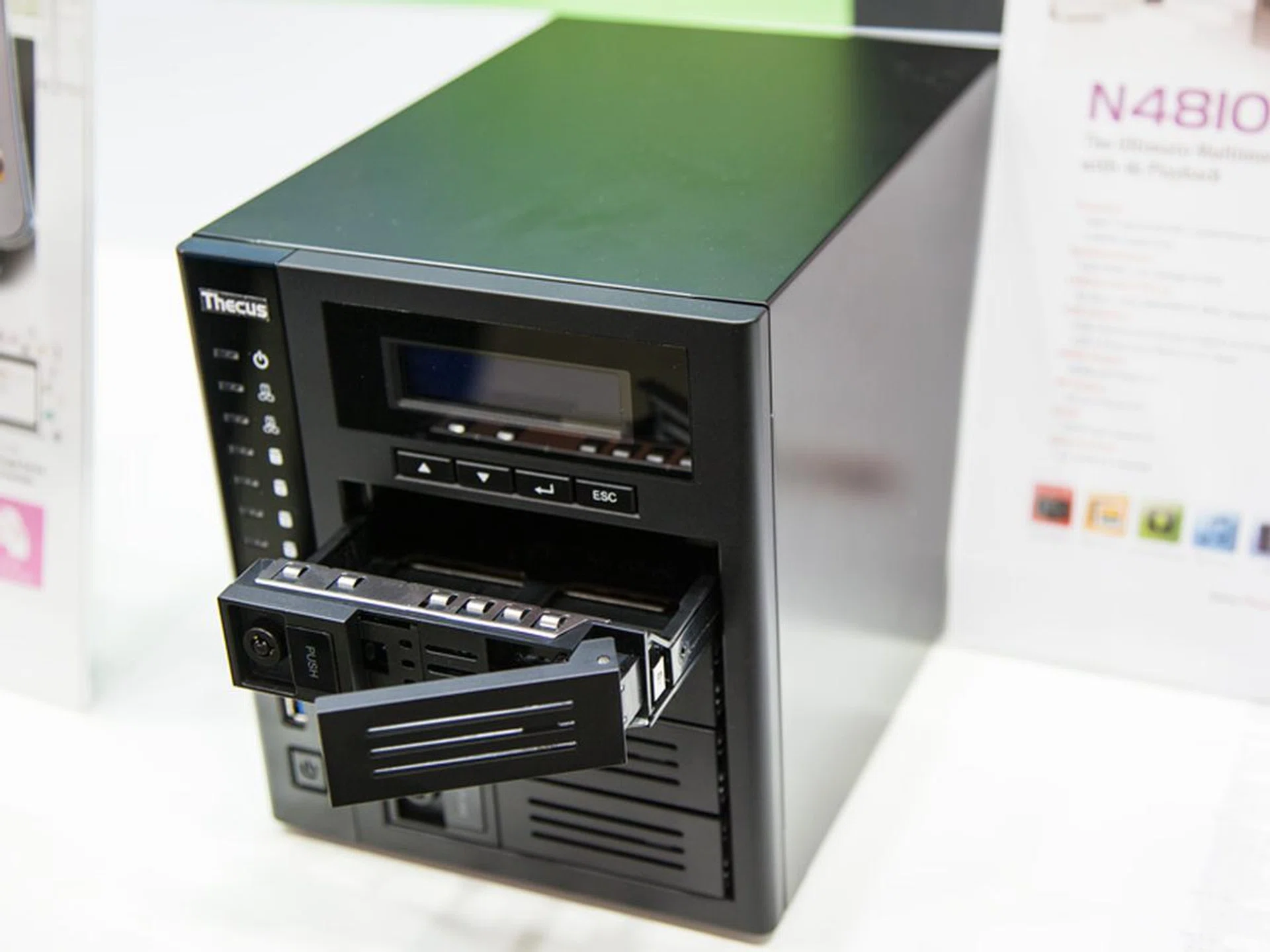 The Thecus N4810 is the latest 4-bay multimedia NAS with 4K playback capabilities. It's equipped with an Intel Celeron N3160 1.6GHz quad core processor (with burst 2.24GHz speed), 4GB DDR3 memory and USB 3.0 ports (2 front and 2 back).