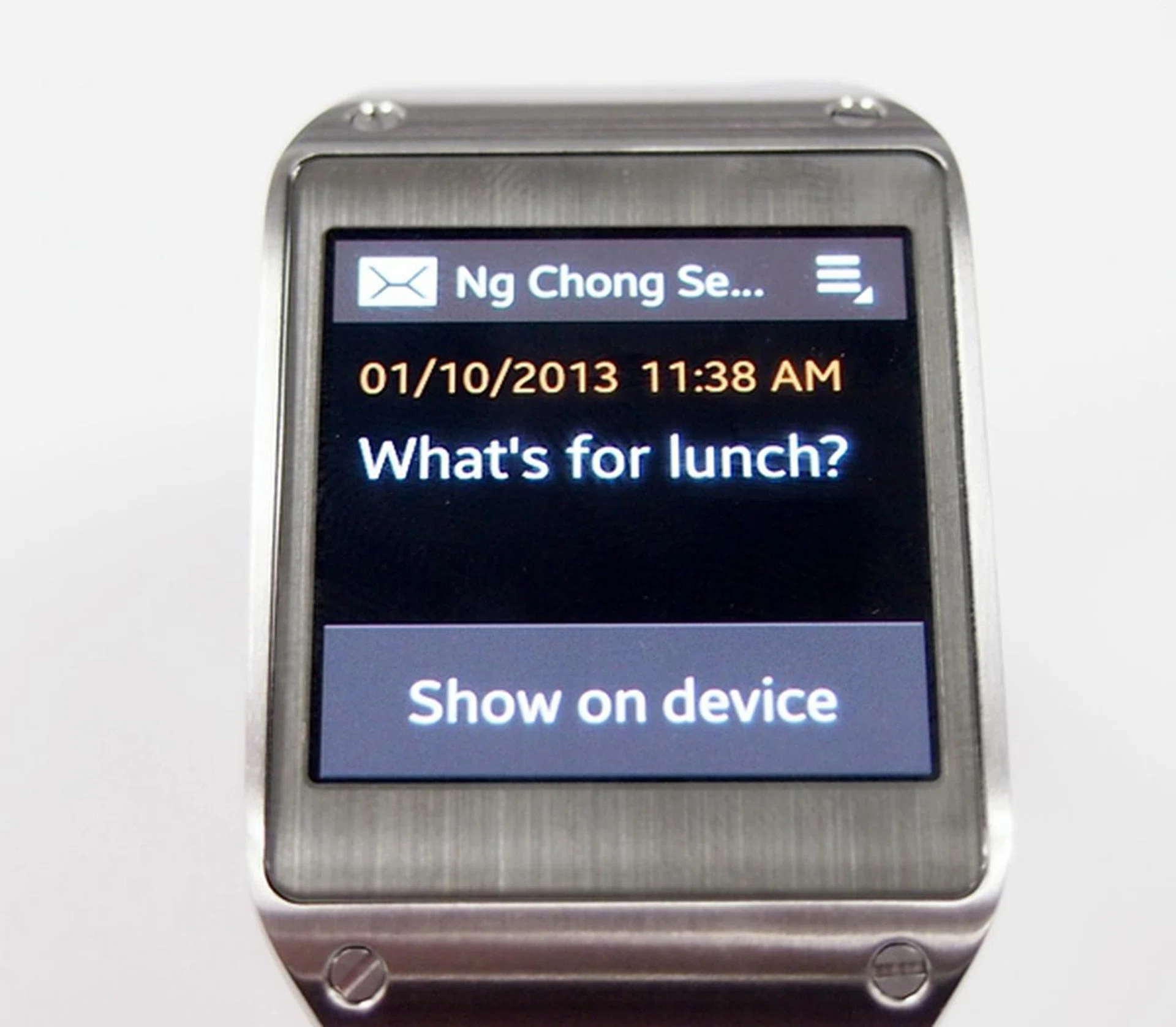 You get to see the content of a text message on the Samsung Galaxy Gear, You can use S Voice to reply to text messages by tapping on the Menu option at the top right corner.