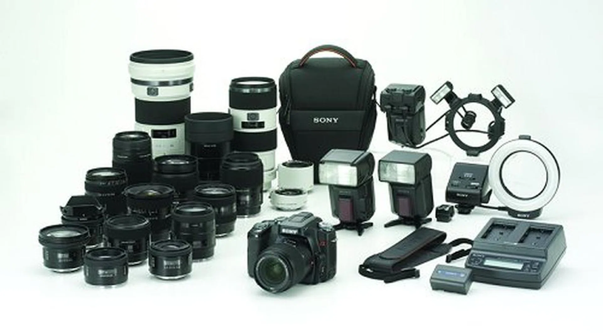 The A100 was launched with a new set of 21 lenses (three of which are from long time partner and revered optics specialist, Carl Zeiss), as well as a comprehensive host of accessories. However, a vertical grip was conspicuously missing, hinting that a future, more advanced Sony DSLR may feature it.