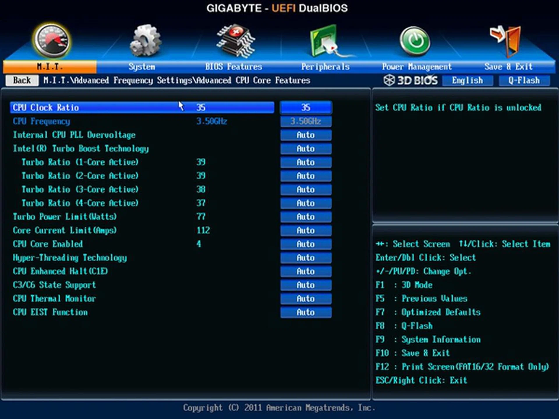 The Advanced CPU Core Features sub-menu allowed us to tweak the Turbo Ratios as well as the Turbo Power Limit (Watts). We had to increase its value to achieve a stable overclocked system.