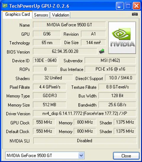 GPU-Z gets all the facts correct for our reference GeForce 9500 GT board from MSI. (We aren't that confident about the shader clocks as NVIDIA tells us it's 1400MHz but it's a minor discrepancy).