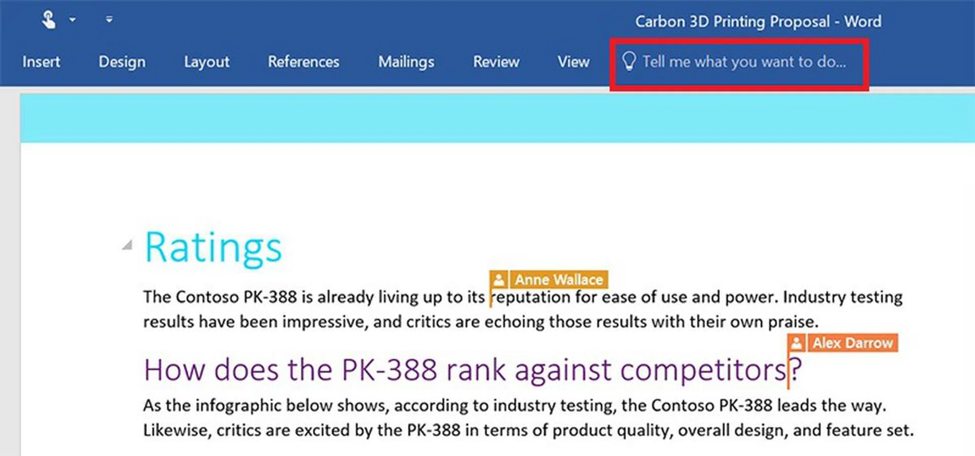 The "Tell Me" search bar is outlined in red. (Image Source: Microsoft)