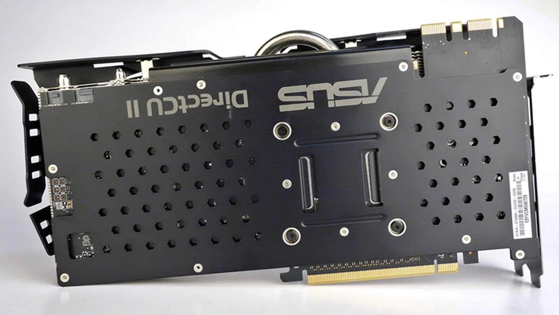 The backplate of the ASUS card. Notice the markings on the back are such to cater towards windowed casings.