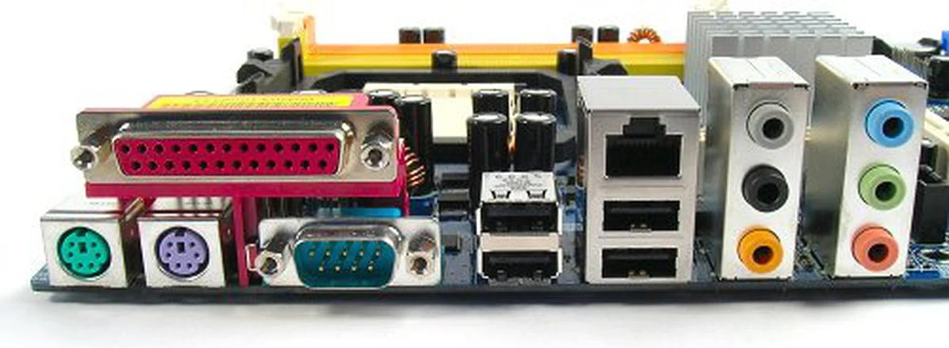 PS/2, serial and parallel ports are available as well as the standard array of four USB 2.0, one RJ45 (Fast Ethernet) and 8-channel analog audio. No S/PDIF or FireWire though.