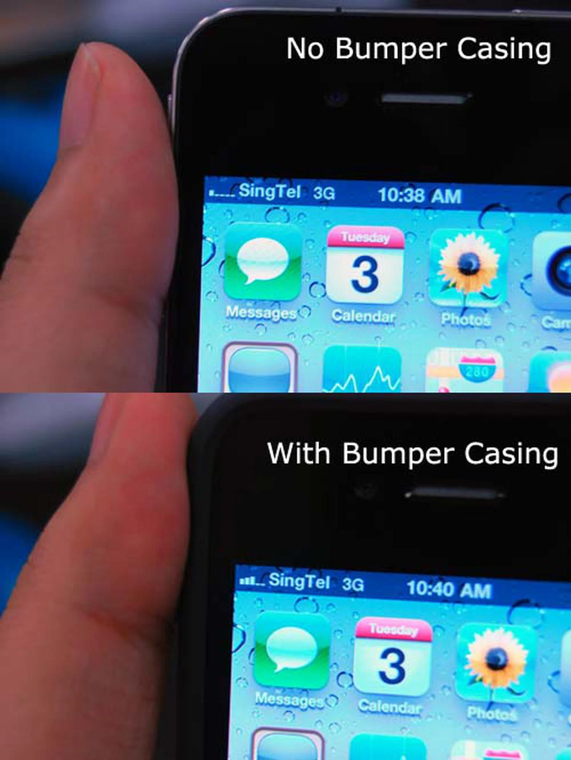It's named the "death grip" not because you have to hold it tight until it "leaves marks in your hands", or as tight as you would "hold a tennis racket while serving", but because holding it like this as shown in the picture will create interference with the antenna, and cause the phone not to be able to receive signals. With Apple's Bumper casing over the iPhone 4, the signal doesn't drop at all.