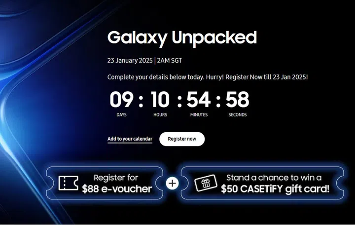 Samsung opens its pre-registration portal for an S$88 e-voucher, which is valid during the Samsung Galaxy S25 series' launch phase. Image: Samsung.