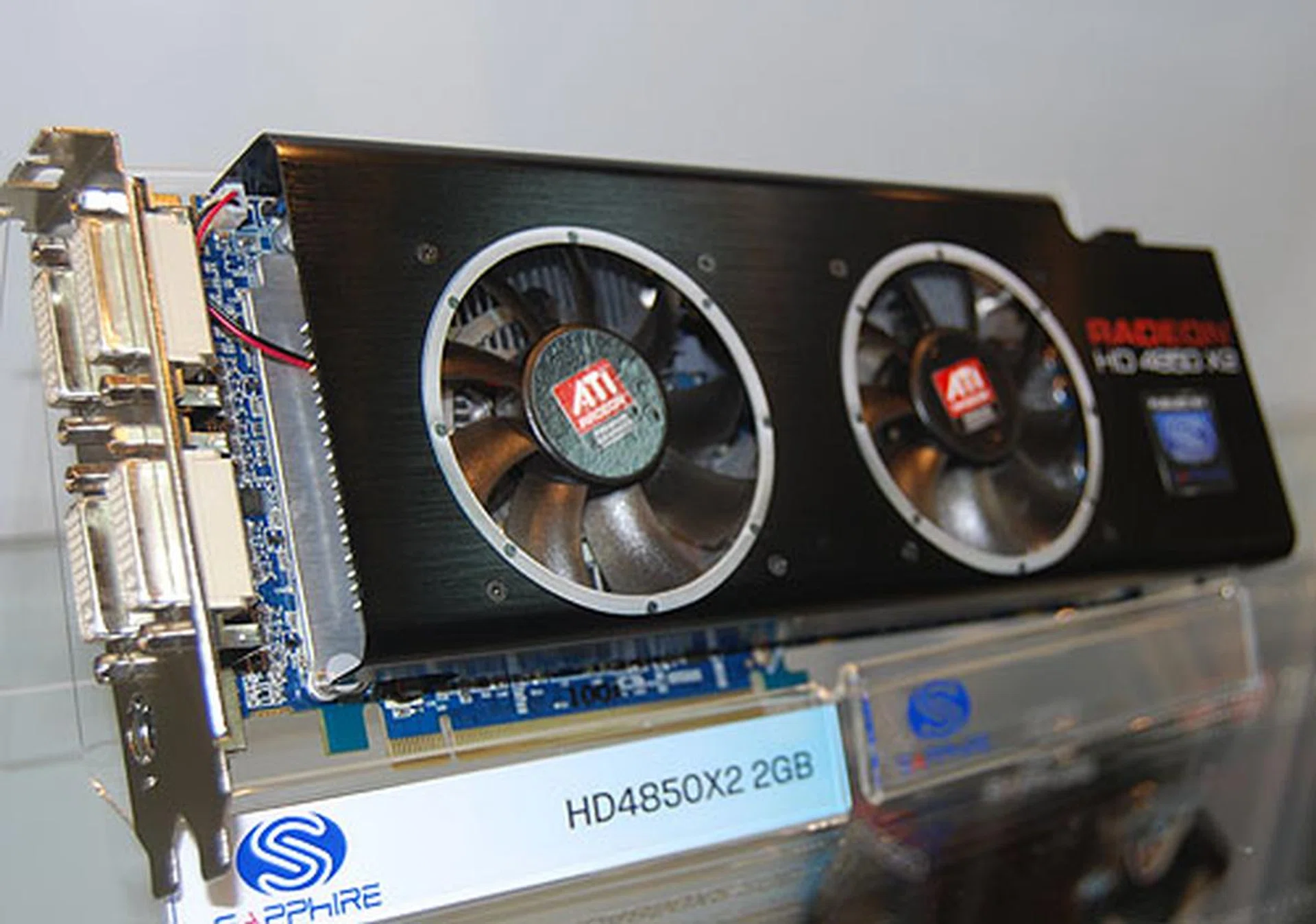  This lengthy dual Radeon HD 4850X2 GPU is based on Sapphire's own design. Besides the dual fans, it also has four DVI outputs.  