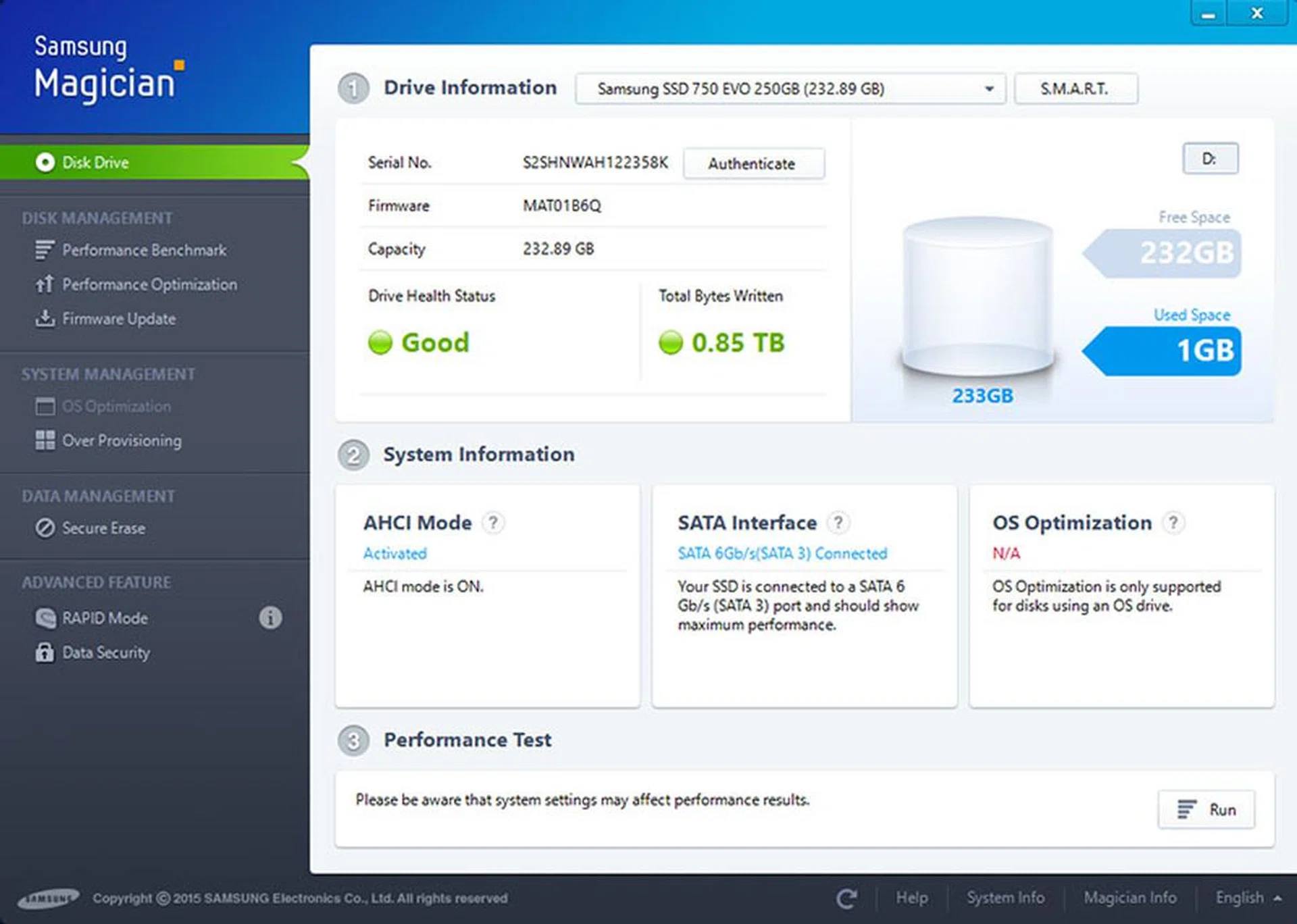 Samsung's excellent Magician utility lets users quickly monitor, optimize and manage their Samsung SSDs.