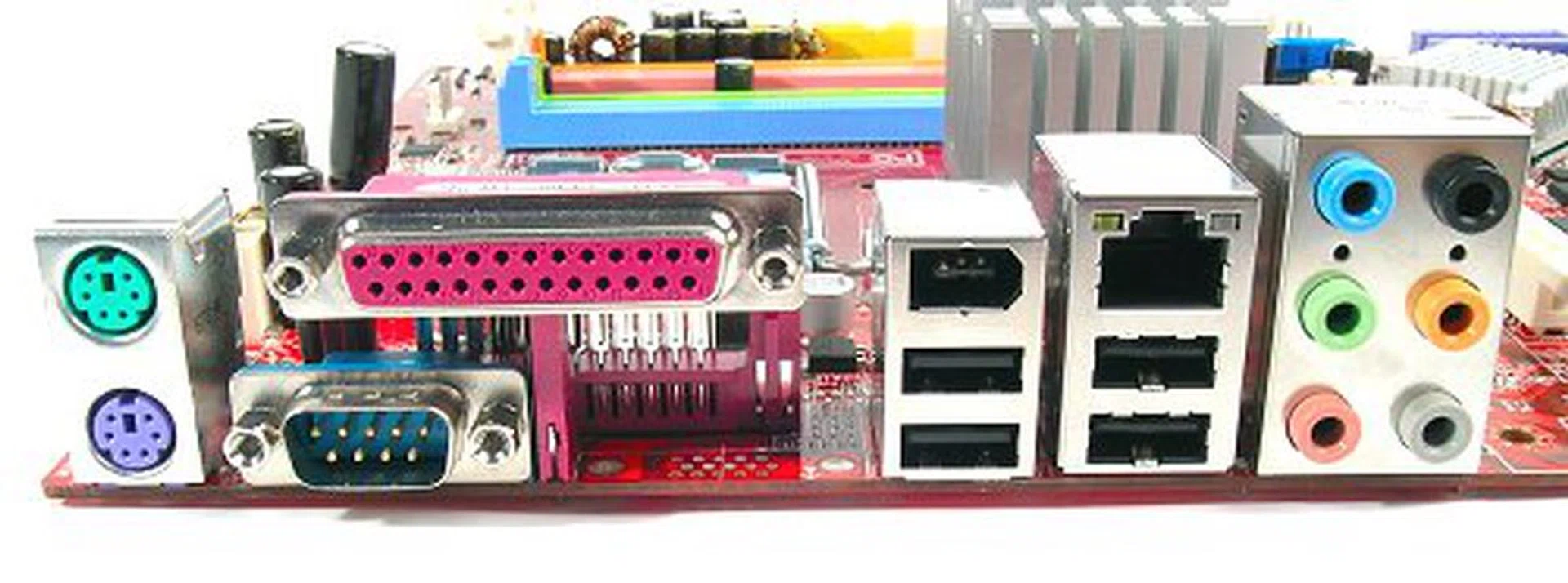 Uncluttered rear I/O panel comes with legacy PS/2, Parallel, Serial ports along with four USB 2.0, one FireWire, one RJ45 ports, and analog surround sound jacks. No S/PDIF in sight though.