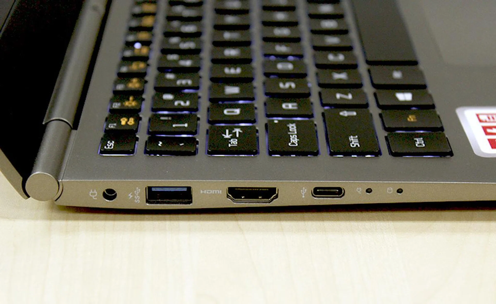 On the left, there's a power jack, USB 3.0 port, a HDMI port, and a USB Type-C port supporting USB 3.1.