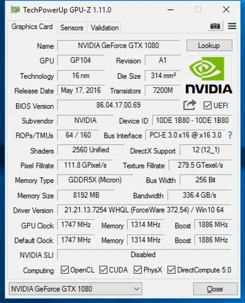 Palit GeForce GTX 1080 GameRock Premium Edition GPU-Z