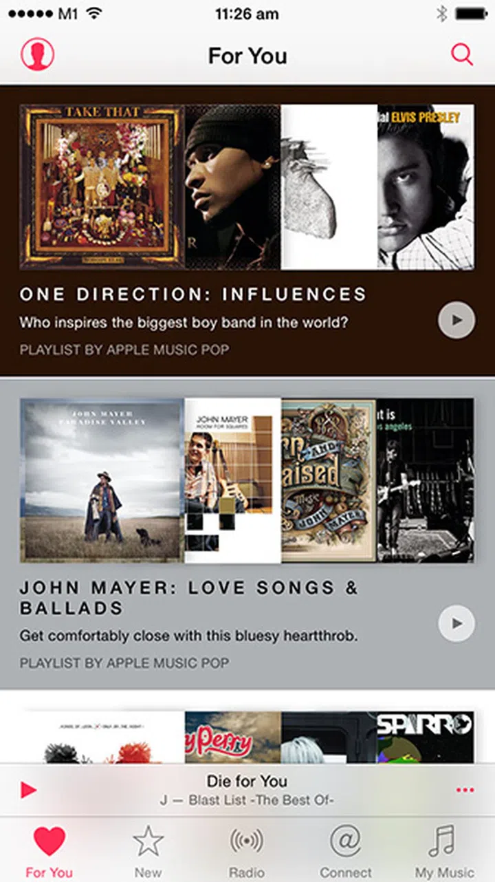 The For You feature creates a playlist based on your likes. A John Mayer playlist for me? Sure. One Direction? Err, no.