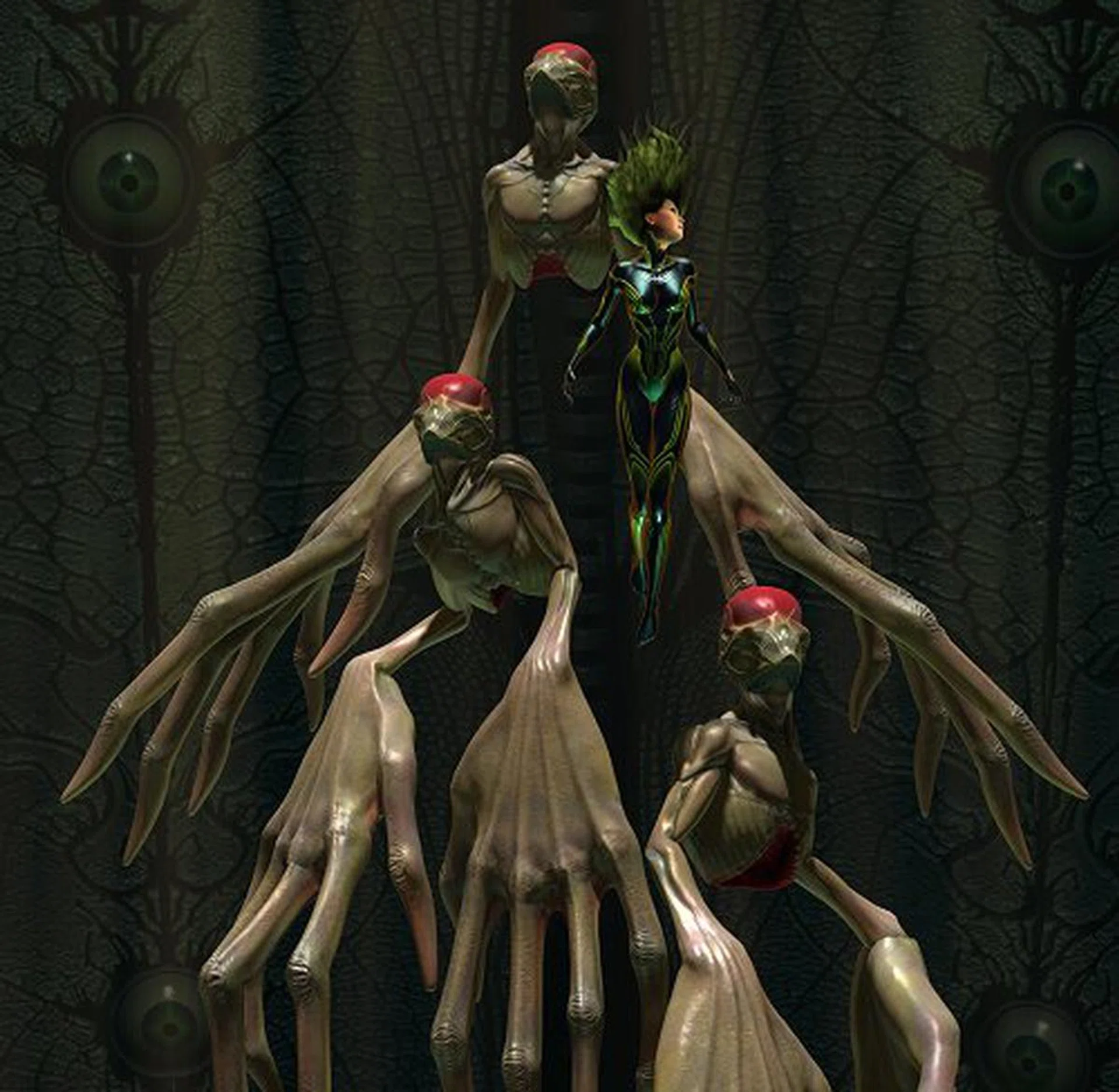 The gatekeeper monsters are hideous (but so is the entire backdrop). However, their skin has a high level of transparency in strong lighting and as a strong beam of plasma (or whatever light source it was - not shown in this picture) came up on the demo, we could make out the monster's innards such as lungs, arteries, rib cage and more from the red light transmitted through the body. Too bad we don't have a screenshot of that, but it was an excellent real-time demo in which sub-surface scattering was showcased in its best form we've seen to date. 