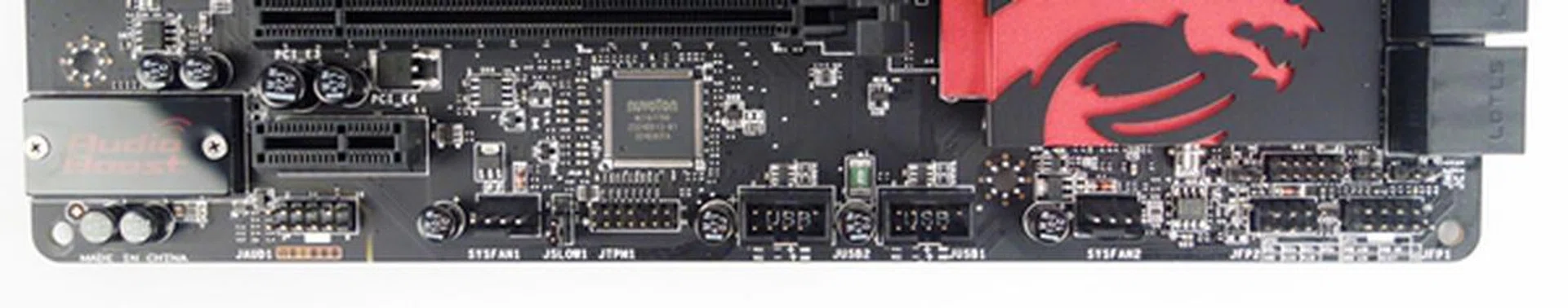 The internal connectors are made up of front panel headers for audio, system fan power connectors and TPM. The USB 2.0 expansion headers are located to the right of the TPM header. The three furthermost headers to the right are a system fan connector, and two system panel connectors.