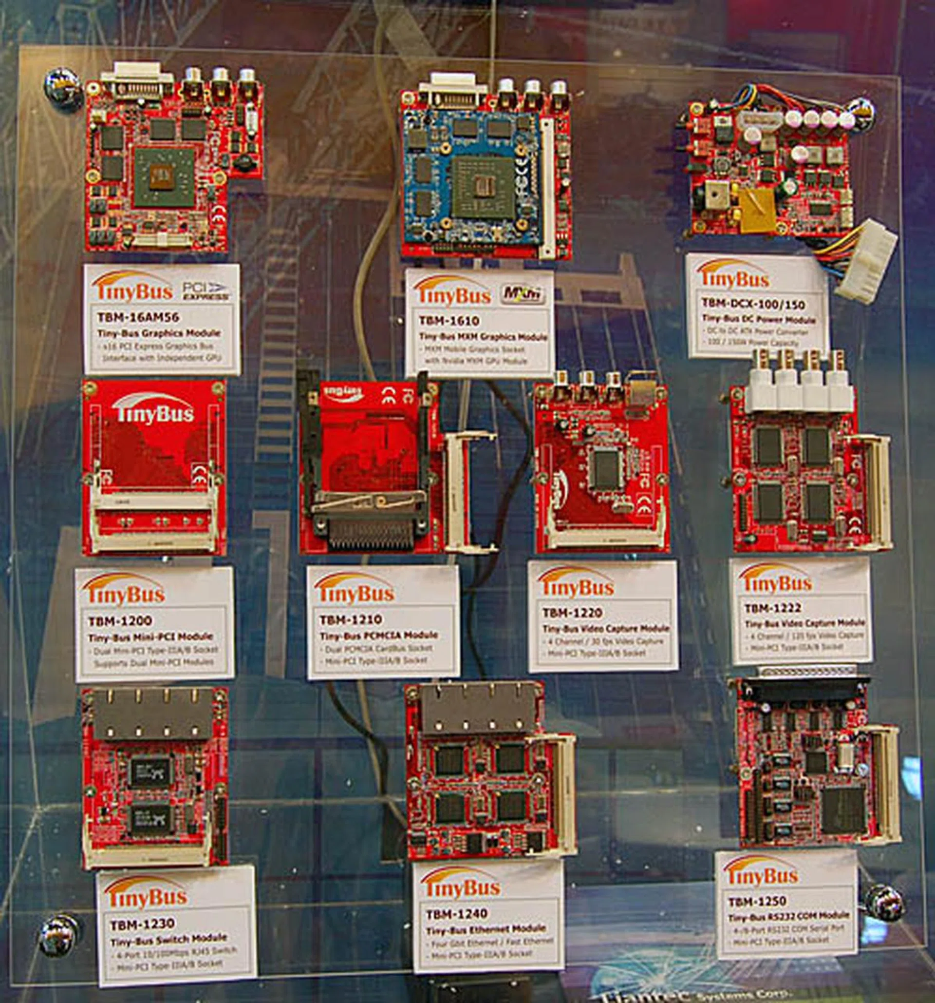  Some of the available modules for the Mini-ITX board. There are Ethernet, MXM graphics and even video capture modules.  