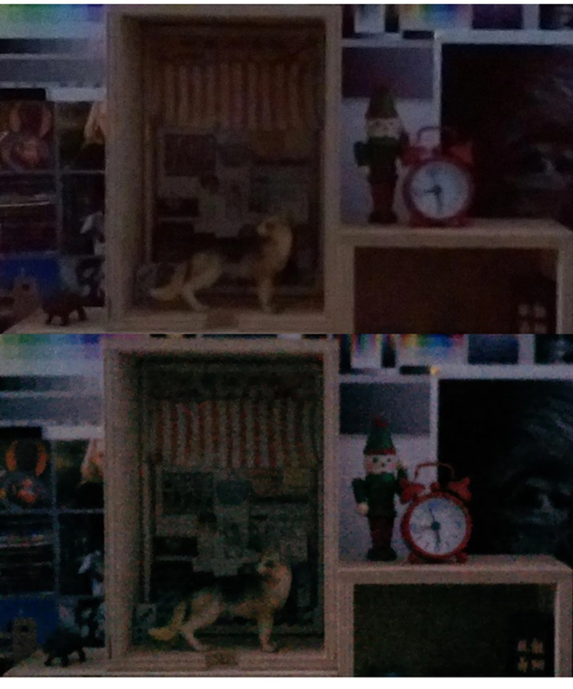 Top: HTC One (M8) <br> HTC One (2013). <br> The lack of OIS caused the image quality on the One (M8) to be worse than its predecessor in low light conditions. This is evident in the visibility of the numbers in the red clock.