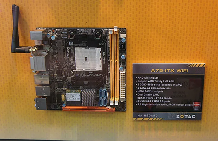 Staying true to the company's specialization in mini-ITX motherboards, the A-75-ITX WIFI is based on the A75 chipset with WIFI connectivity that supports the yet to be released Trinity desktop APUs.