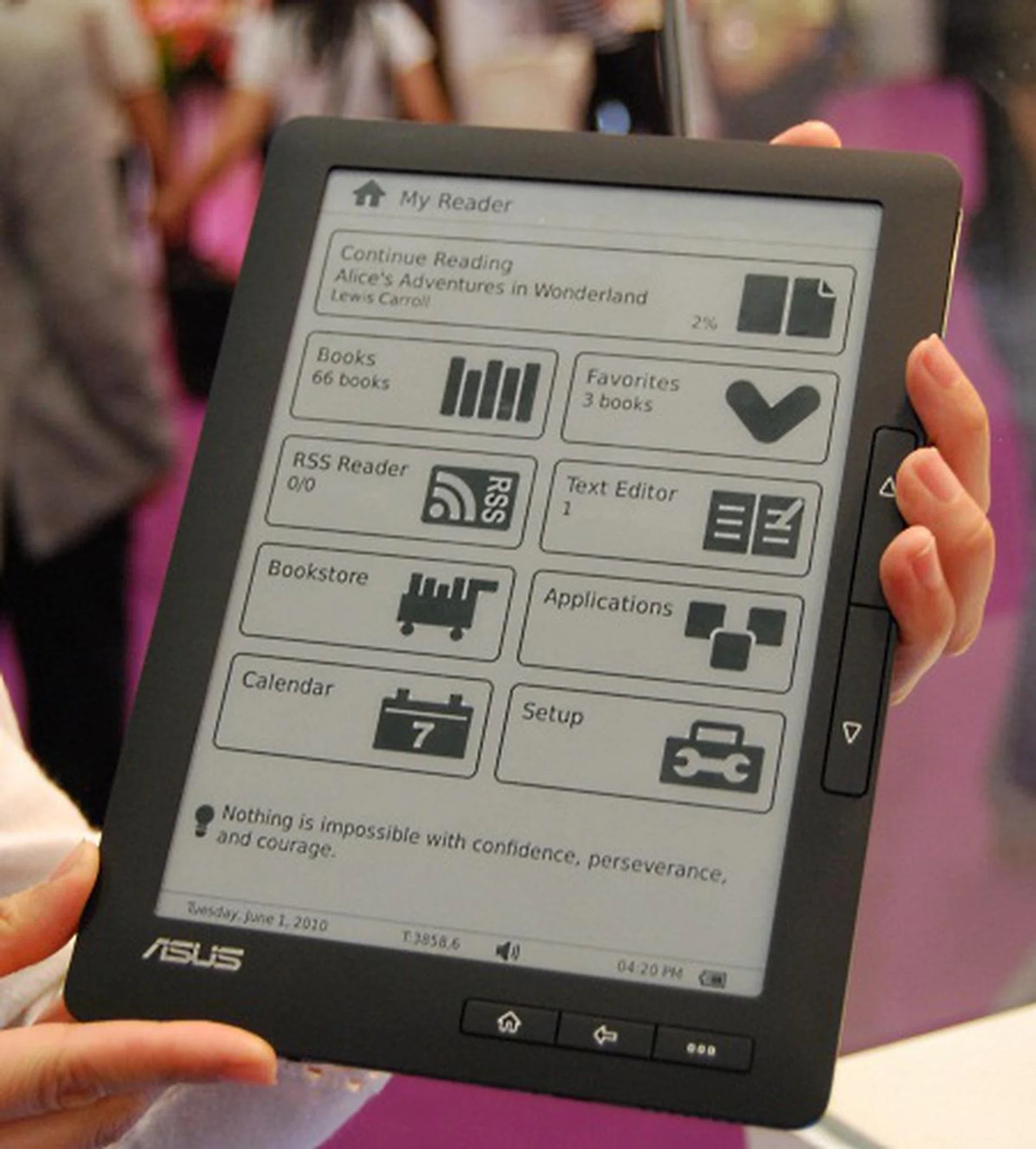 The ASUS DR-900 ebook reader looks very slick and polished. ASUS has chosen the electronic paper display from SiPix and like E Ink, it requires no backlight or constant refreshing of the image. This 9-inch version is also very light at less than 500g.