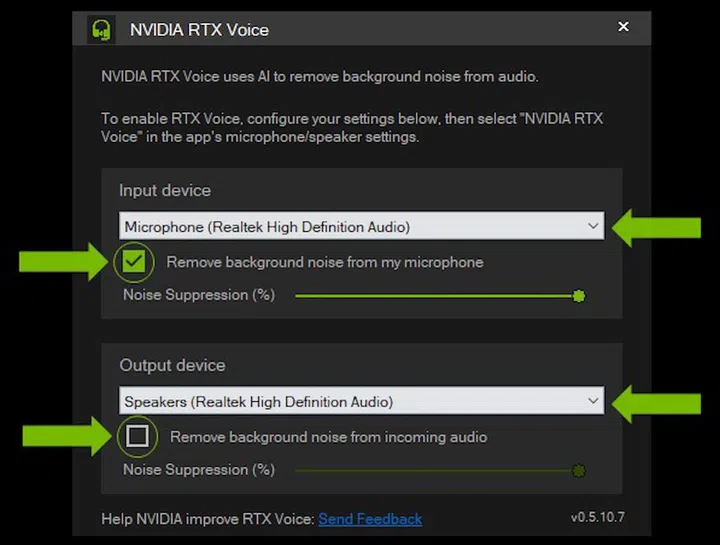Screenshot of the correct settings in RTX Voice programme