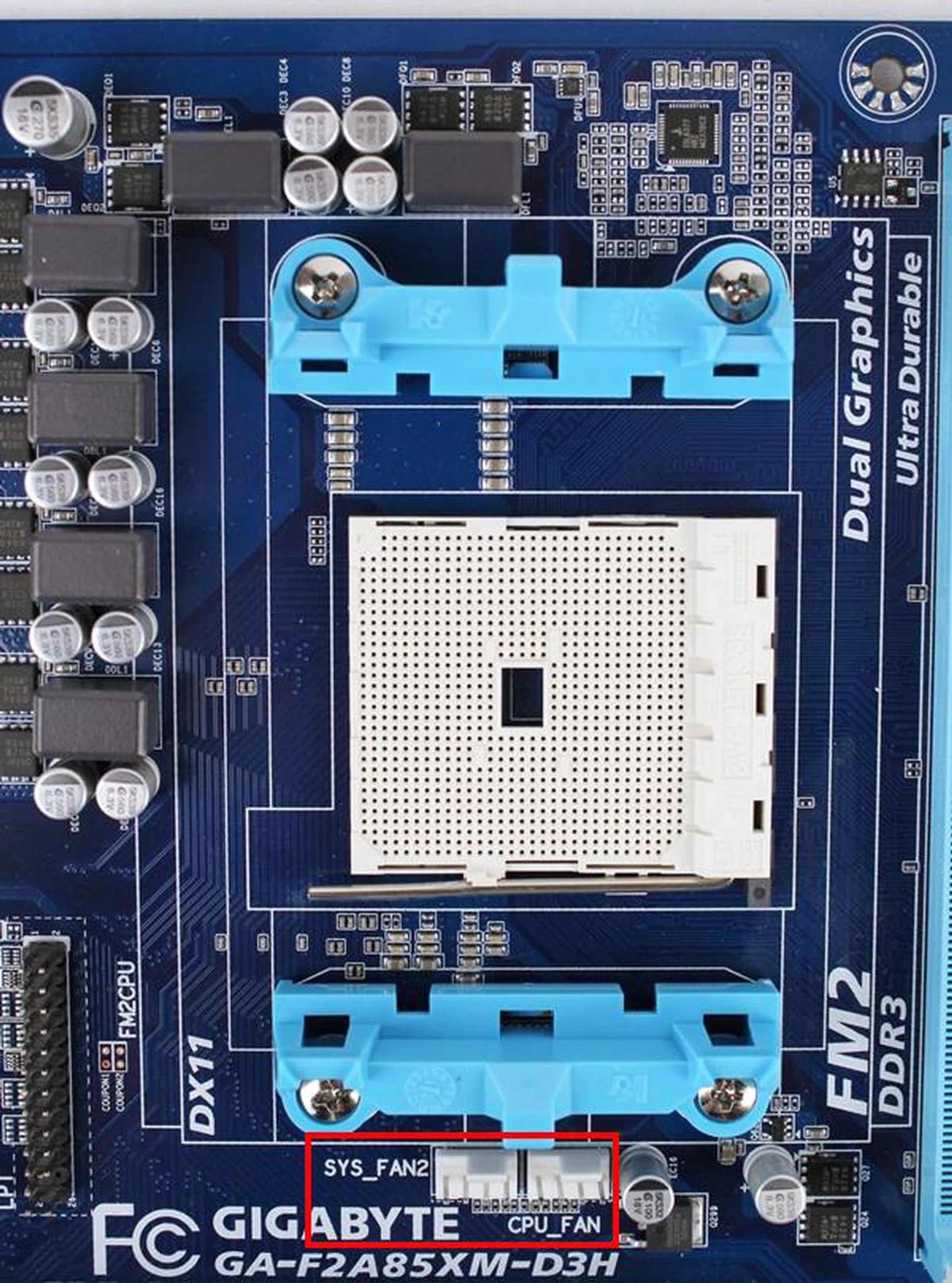 We noticed the general position of the system fan and CPU cooler connectors. In this orientation, they are usually located at the near the top edge of the board; however, for the GA-F2A85XM-D3H, these connectors are located near the bottom bracket to which the fan assembly of the CPU cooler clips onto. This makes them difficult to interface when the CPU cooler is mounted, so do plan for fan connections in advance.