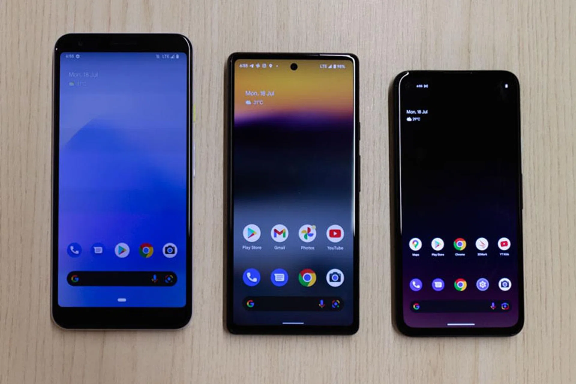 Photo of Pixel 3a XL, Pixel 6a, and Pixel 4a from our Pixel 6a review.